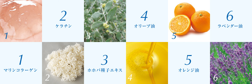1 マリンコラーゲン 2 ケラチン 3 ホホバ種子エキス 4 オリーブ油 5 オレンジ油 6 ラベンダー油