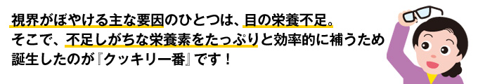 視界がぼやける主な要因のひとつは、目の栄養不足。そこで、不足しがちな栄養素をたっぷりと効率的に補うため誕生したのが『クッキリ一番』です!