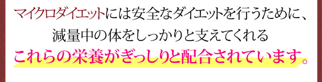 マイクロダイエットには安全なダイエットを行うために、減量中の体をしっかりと支えてくれる、これらの栄養がぎっしりと配合されています。