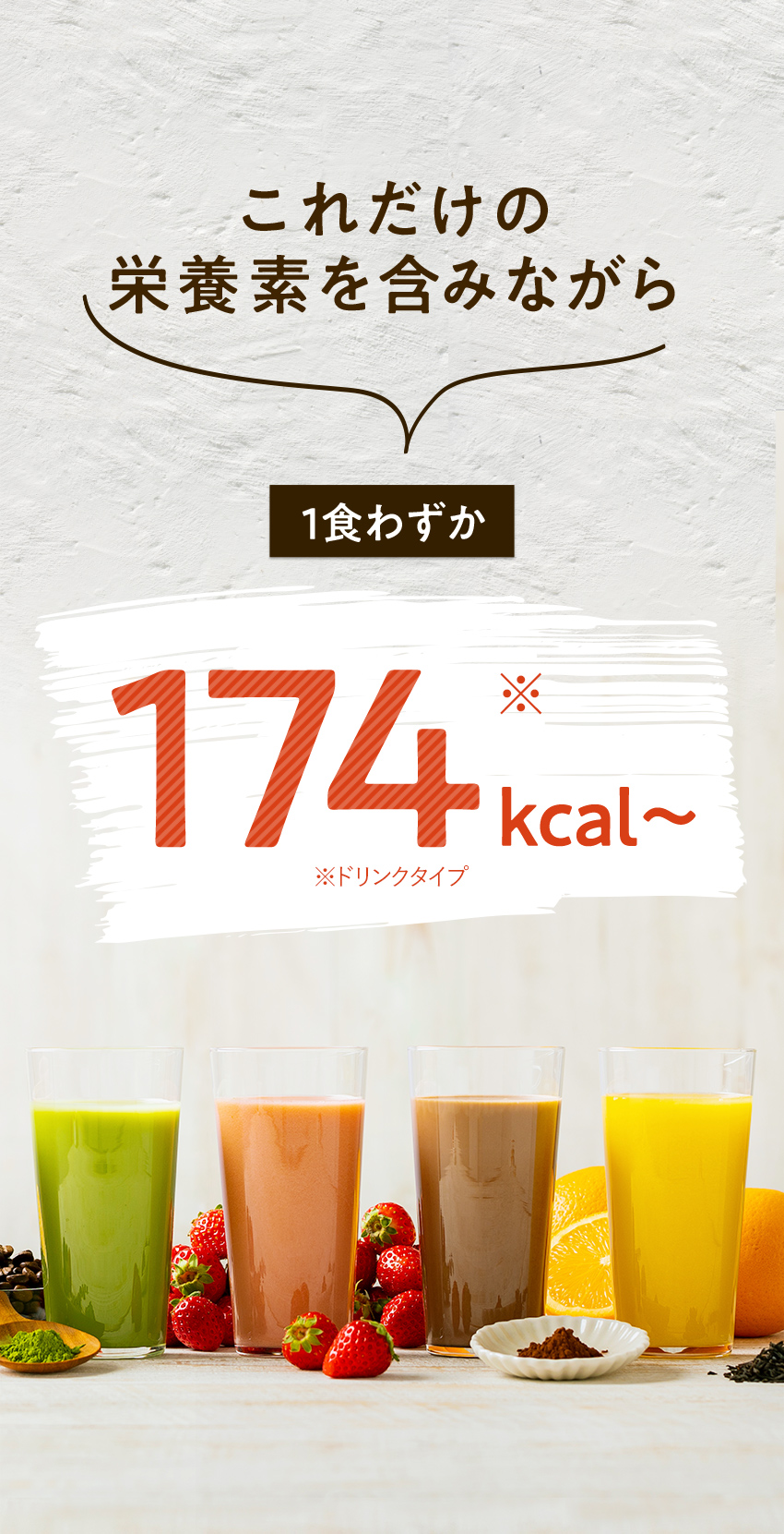 これだけの栄養素を含みながら1食わずか174kcal ※ドリンクタイプ
